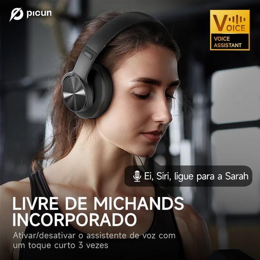 Fone De Ouvido Bluetooth 5.4 Sem Fio Picun B8, Com Dobráveis e Controlos Táteis,Bateria 120 Horas, 3 Modos De Música e Modo de Baixa Latência, Para Academia, Esportes, Corrida, Gamer