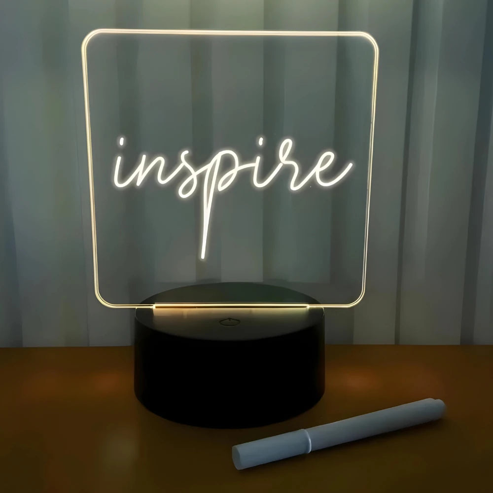 Luminária Lousa de Vidro 3D LED – Escreva, Apague e Ilumine | Painel de Recados Criativo com Caneta Inclusa