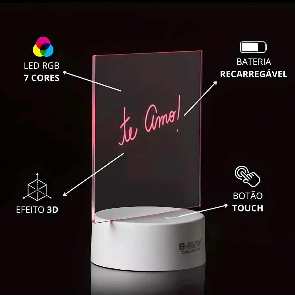 Luminária Lousa de Vidro 3D LED – Escreva, Apague e Ilumine | Painel de Recados Criativo com Caneta Inclusa