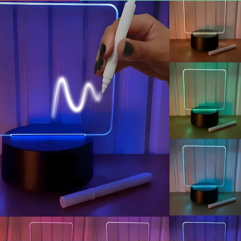 Luminária Lousa de Vidro 3D LED – Escreva, Apague e Ilumine | Painel de Recados Criativo com Caneta Inclusa
