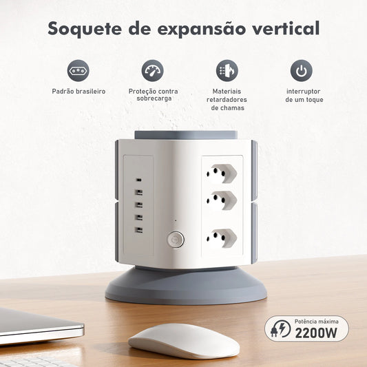 Torre de Tomadas Vertical 9 Tomadas + 5 USB (inclui Tipo-C) – Bivolt 2200W com Proteção contra Sobrecarga