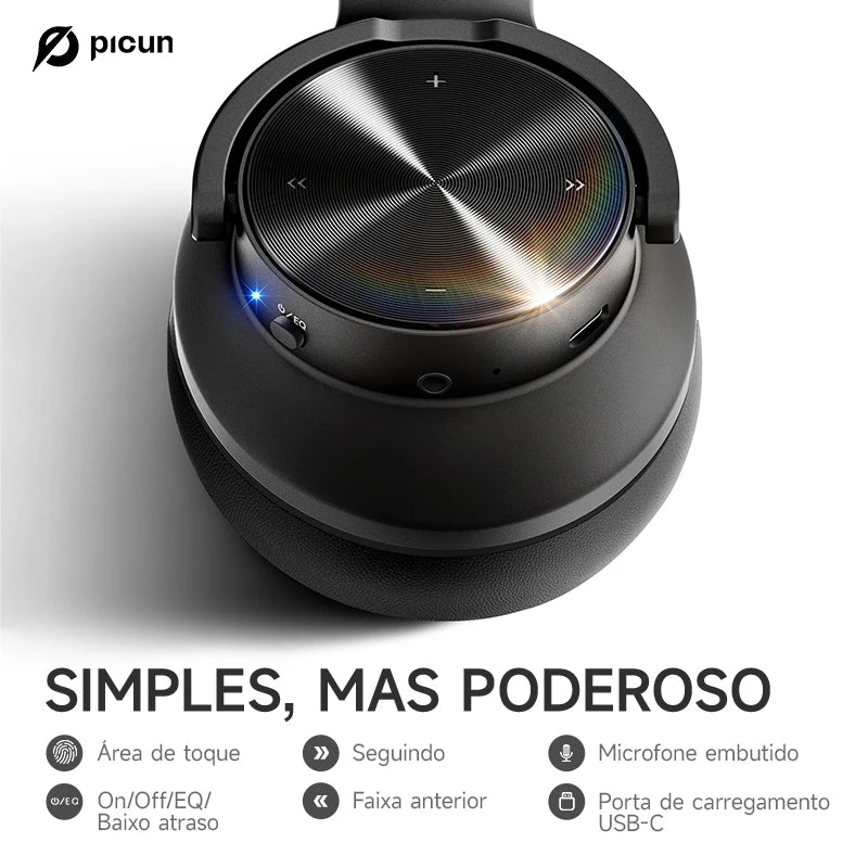 Fone De Ouvido Bluetooth 5.4 Sem Fio Picun B8, Com Dobráveis e Controlos Táteis，Bateria 120 Horas, 3 Modos De Música e Modo de Baixa Latência, Para Academia, Esportes, Corrida, Gamer