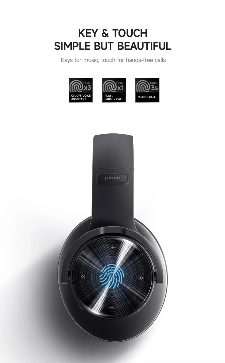 Fone De Ouvido Bluetooth 5.4 Sem Fio Picun B8, Com Dobráveis e Controlos Táteis，Bateria 120 Horas, 3 Modos De Música e Modo de Baixa Latência, Para Academia, Esportes, Corrida, Gamer