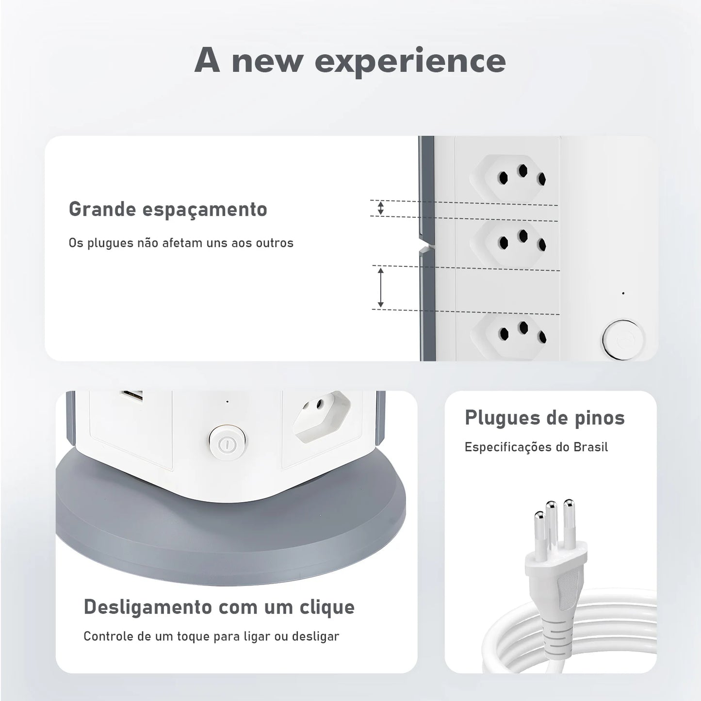 Torre de Tomadas Vertical 9 Tomadas + 5 USB (inclui Tipo-C) – Bivolt 2200W com Proteção contra Sobrecarga