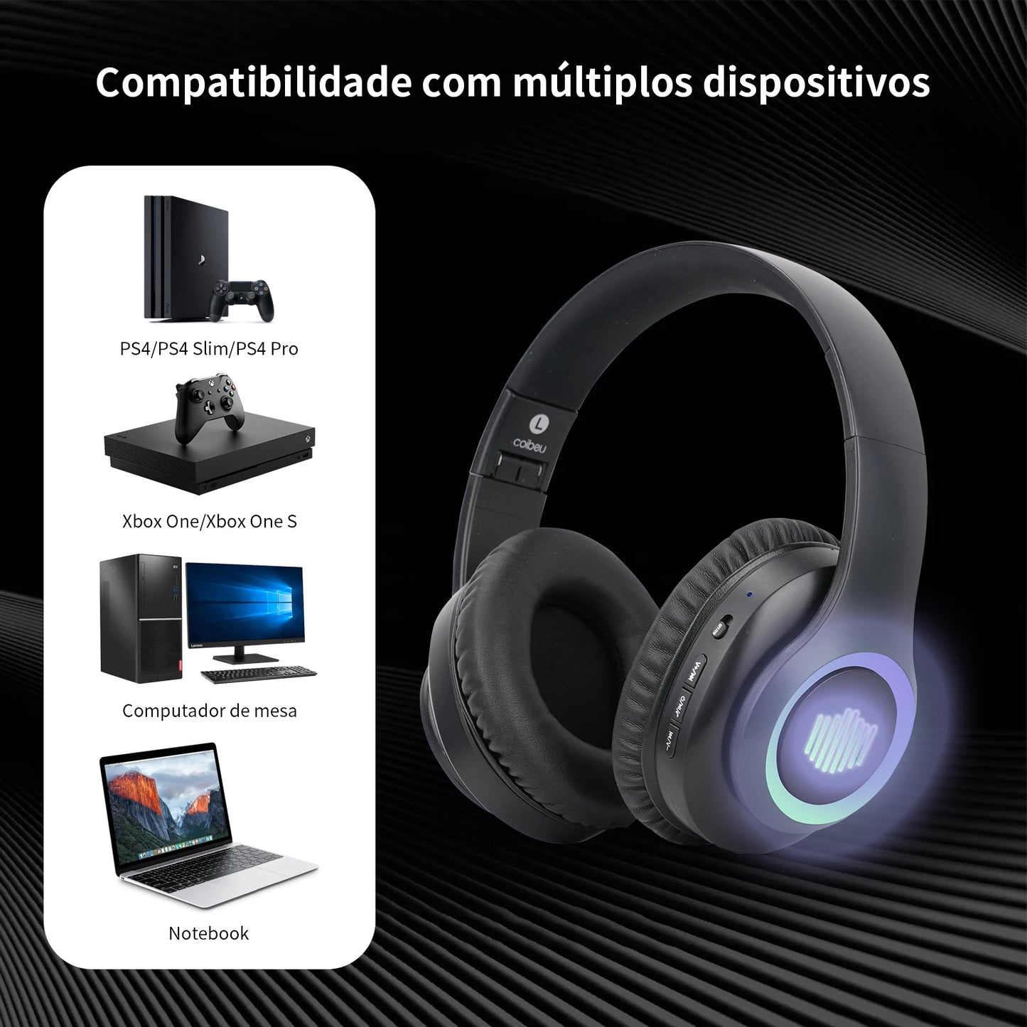 Fone de Ouvido Bluetooth RGB Premium – Headset Wireless de Alta Fidelidade com Cancelamento de Ruído e Conforto Ergonômico