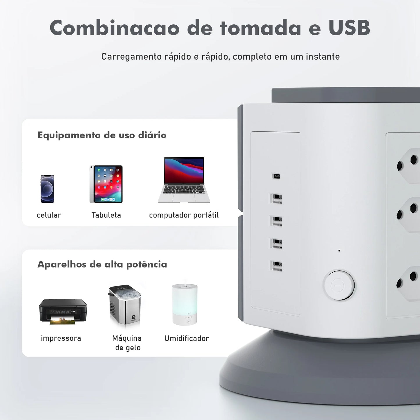 Torre de Tomadas Vertical 9 Tomadas + 5 USB (inclui Tipo-C) – Bivolt 2200W com Proteção contra Sobrecarga