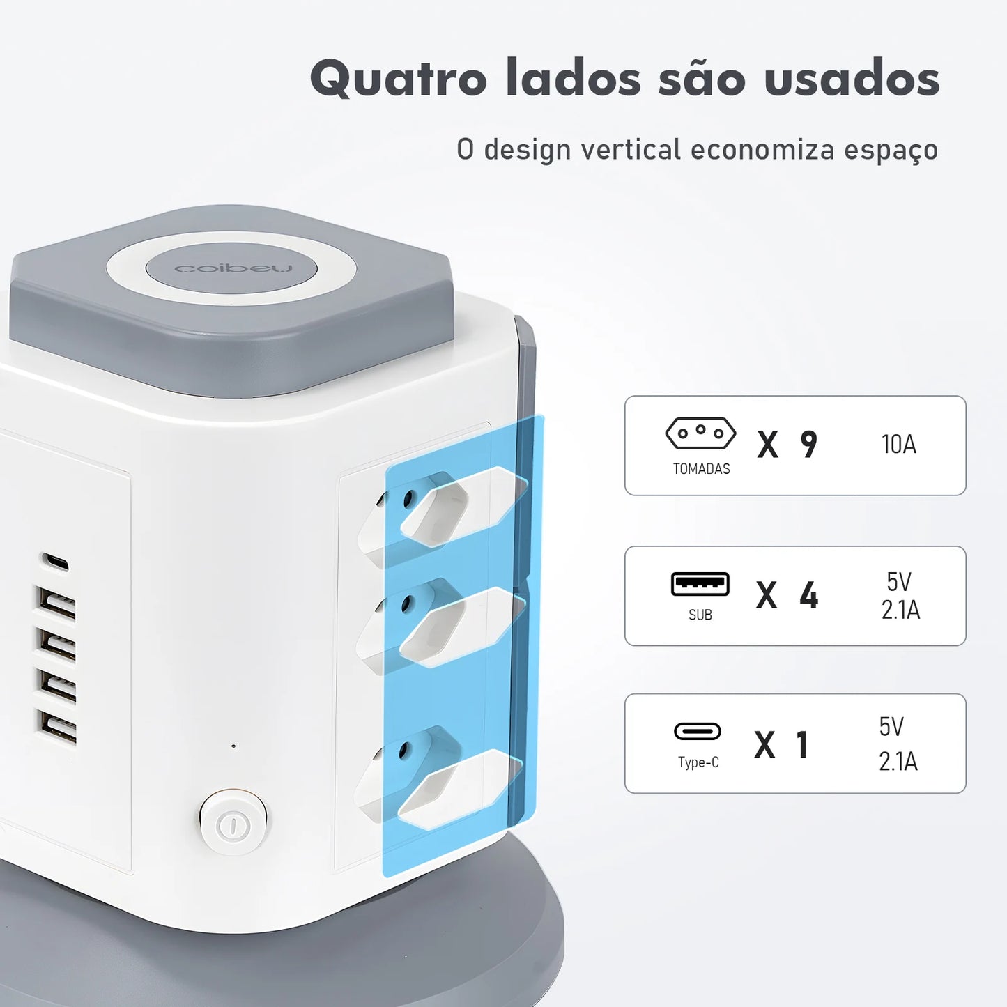 Torre de Tomadas Vertical 9 Tomadas + 5 USB (inclui Tipo-C) – Bivolt 2200W com Proteção contra Sobrecarga