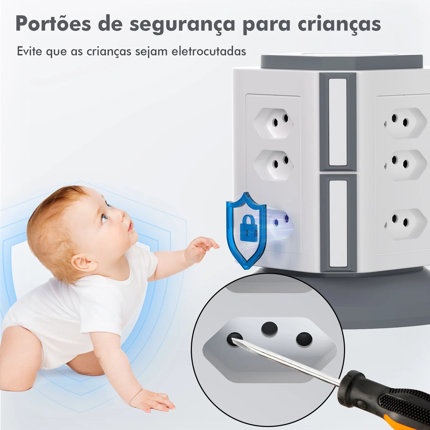 Torre de Tomadas Vertical 9 Tomadas + 5 USB (inclui Tipo-C) – Bivolt 2200W com Proteção contra Sobrecarga