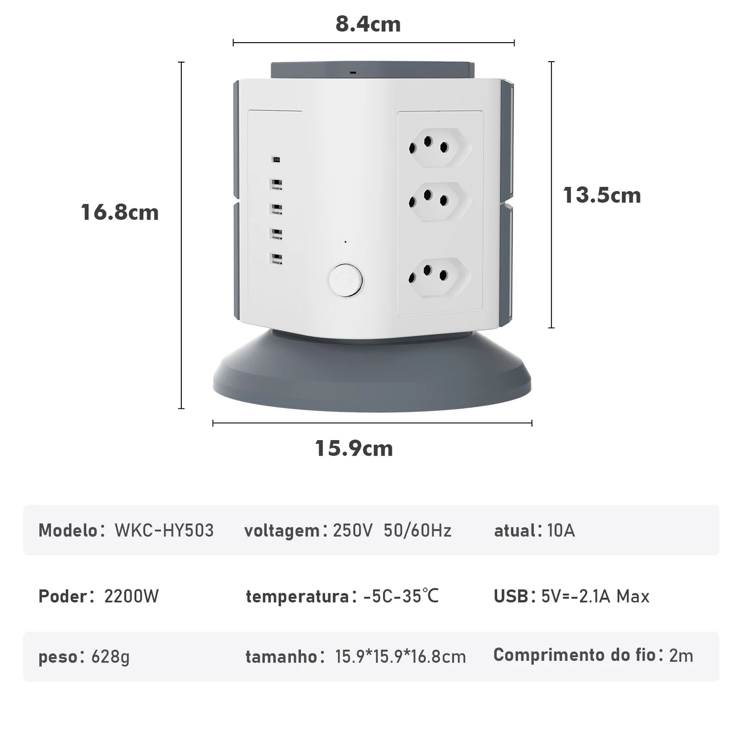 Torre de Tomadas Vertical 9 Tomadas + 5 USB (inclui Tipo-C) – Bivolt 2200W com Proteção contra Sobrecarga