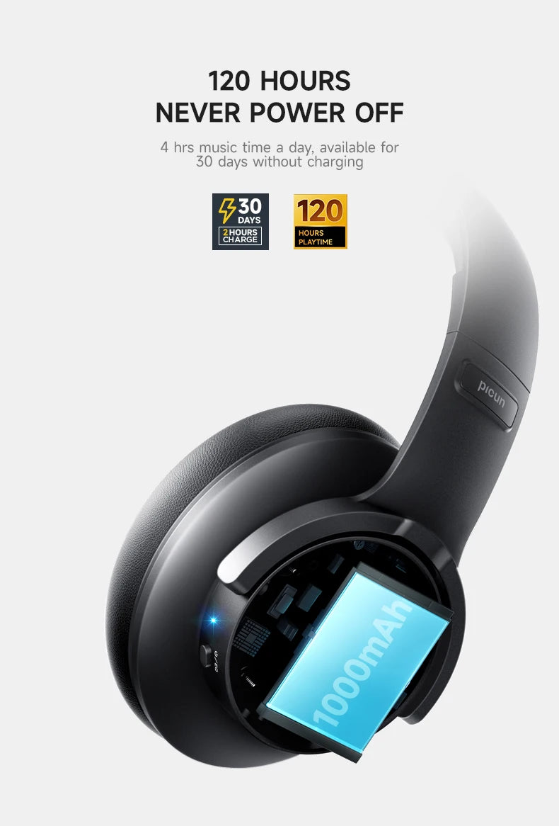 Fone De Ouvido Bluetooth 5.4 Sem Fio Picun B8, Com Dobráveis e Controlos Táteis，Bateria 120 Horas, 3 Modos De Música e Modo de Baixa Latência, Para Academia, Esportes, Corrida, Gamer