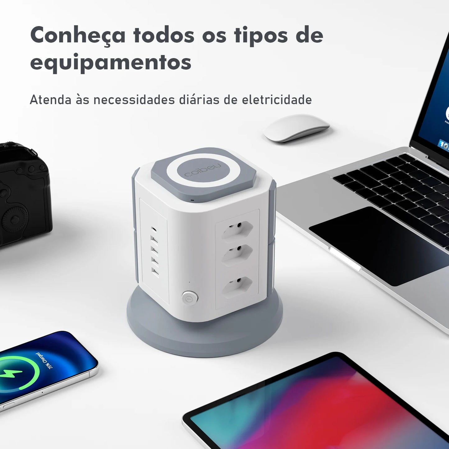 Torre de Tomadas Vertical 9 Tomadas + 5 USB (inclui Tipo-C) – Bivolt 2200W com Proteção contra Sobrecarga