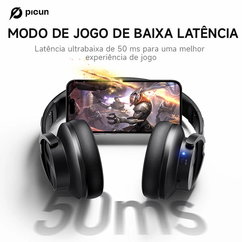 Fone De Ouvido Bluetooth 5.4 Sem Fio Picun B8, Com Dobráveis e Controlos Táteis，Bateria 120 Horas, 3 Modos De Música e Modo de Baixa Latência, Para Academia, Esportes, Corrida, Gamer